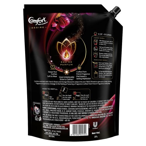 Comfort Perfume Deluxe, Desire, Fabric Conditioner crafted with French perfume fragrances, 2 ltr pouch