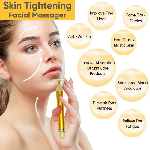  24K Gold Massager Electric Vibration Energy Beauty Bar Facial Massager For Roller Waterproof Face Skin Care T-Shaped Anti Wrinkle For Forehead, Cheek,Neck,Clavicle Arm Leg