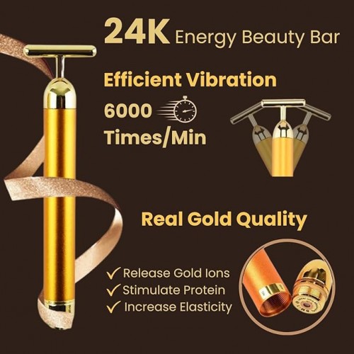  24K Gold Massager Electric Vibration Energy Beauty Bar Facial Massager For Roller Waterproof Face Skin Care T-Shaped Anti Wrinkle For Forehead, Cheek,Neck,Clavicle Arm Leg