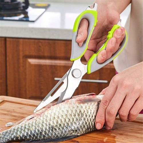 Kitchen Scissors Stainless Steel Shears Heavy Duty 10 in 1 Household Scissors with Magnetic Holder for Chicken, Fish, Seafood, Cutter, Peeler, Opener, Slicer (Set of 1), Multicolor