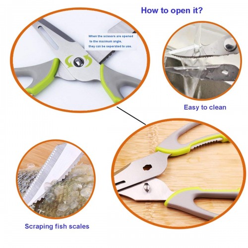 Kitchen Scissors Stainless Steel Shears Heavy Duty 10 in 1 Household Scissors with Magnetic Holder for Chicken, Fish, Seafood, Cutter, Peeler, Opener, Slicer (Set of 1), Multicolor